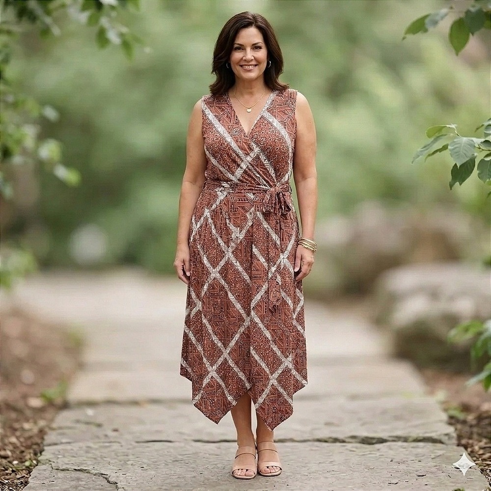 Natural Reflections Womens XXL Rust Brown Faux Wrap Handkerchief Hem Dress NWOT